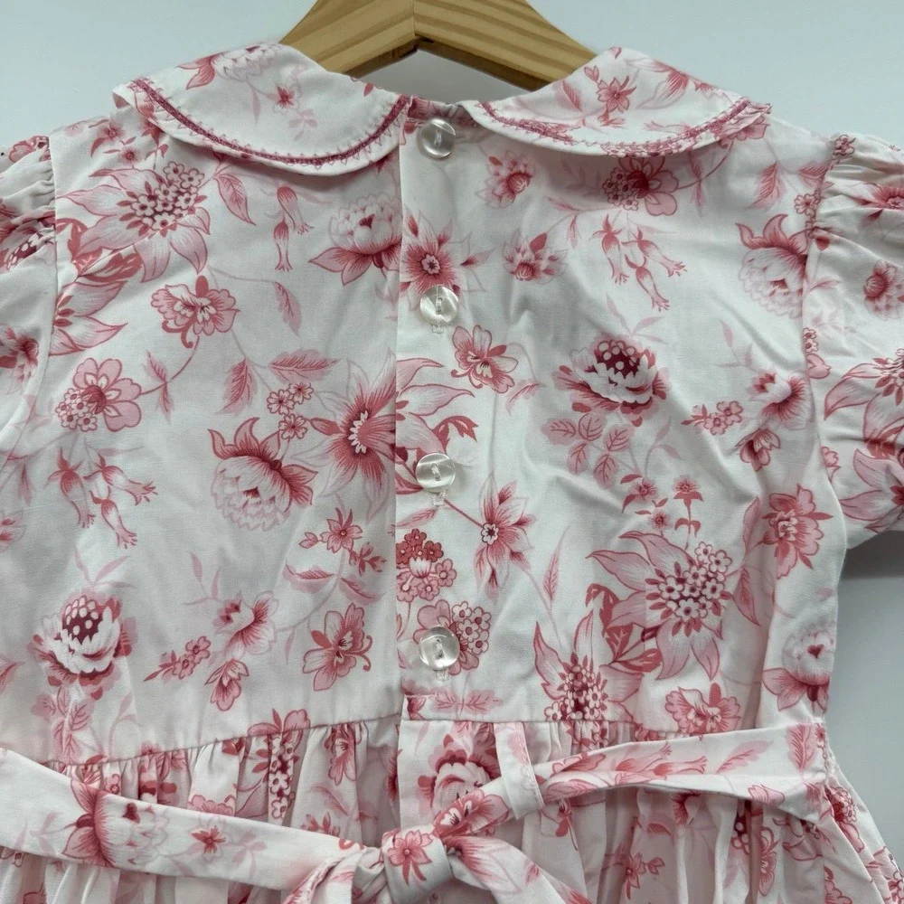 Vintage basic editions Cottage Smocked Party Dress Pink Floral Puff Sleeves 6